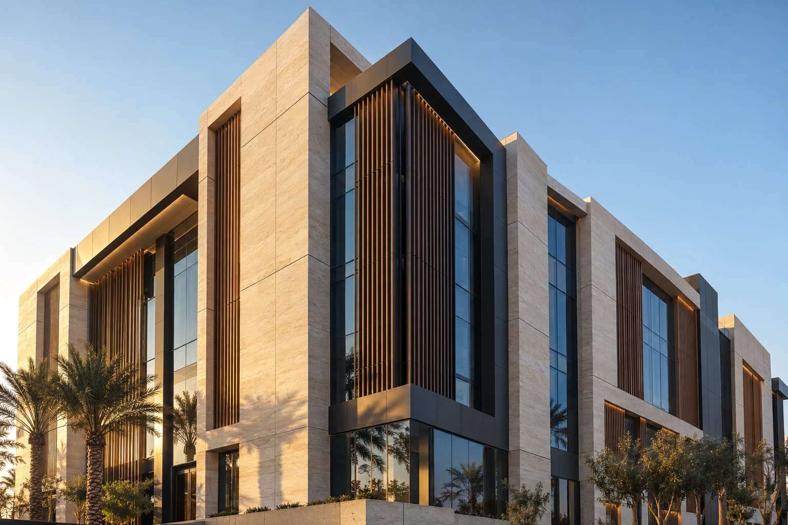 تصور معماري لواجهة معاصرة تجمع الحجر وألواح الواجهات والزجاج